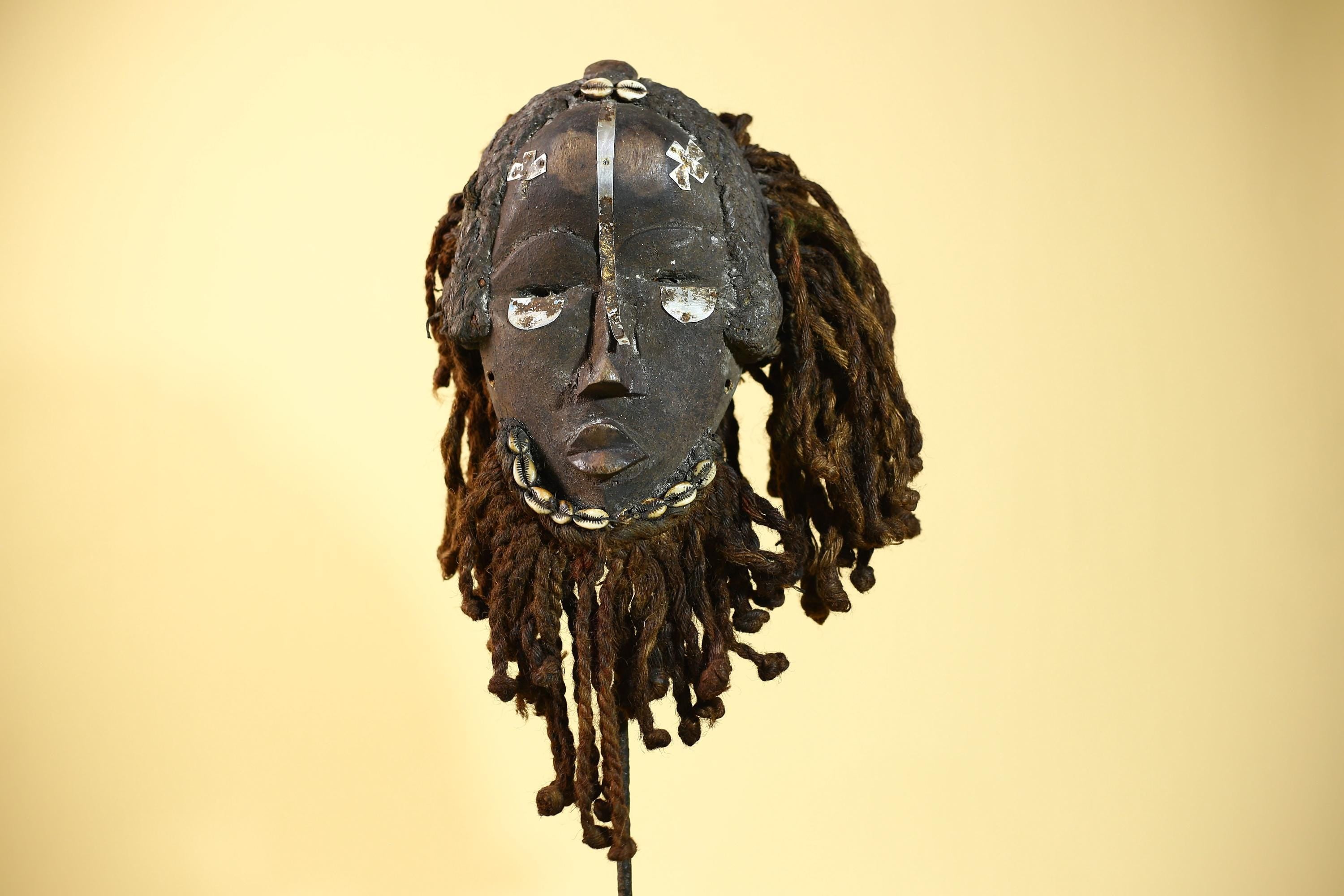 Vintage Dan African Mask with Cowrie & Braided Fiber Hair–Tribal Wood Mask-G6020