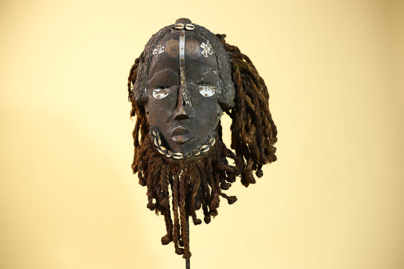 Vintage Dan African Mask with Cowrie & Braided Fiber Hair–Tribal Wood Mask-G6020