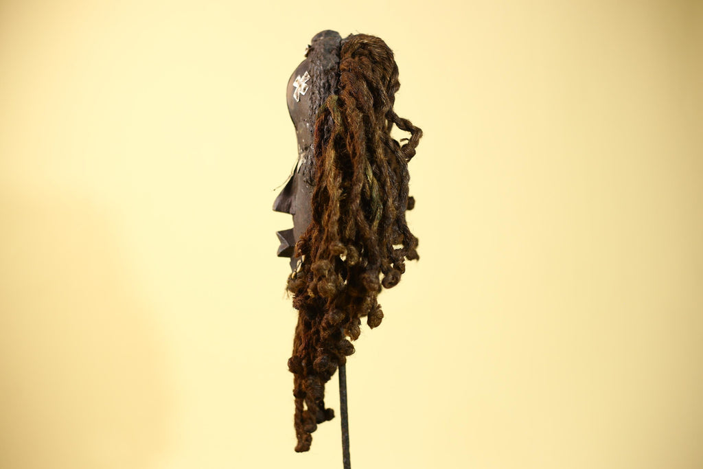Vintage Dan African Mask with Cowrie & Braided Fiber Hair–Tribal Wood Mask-G6020