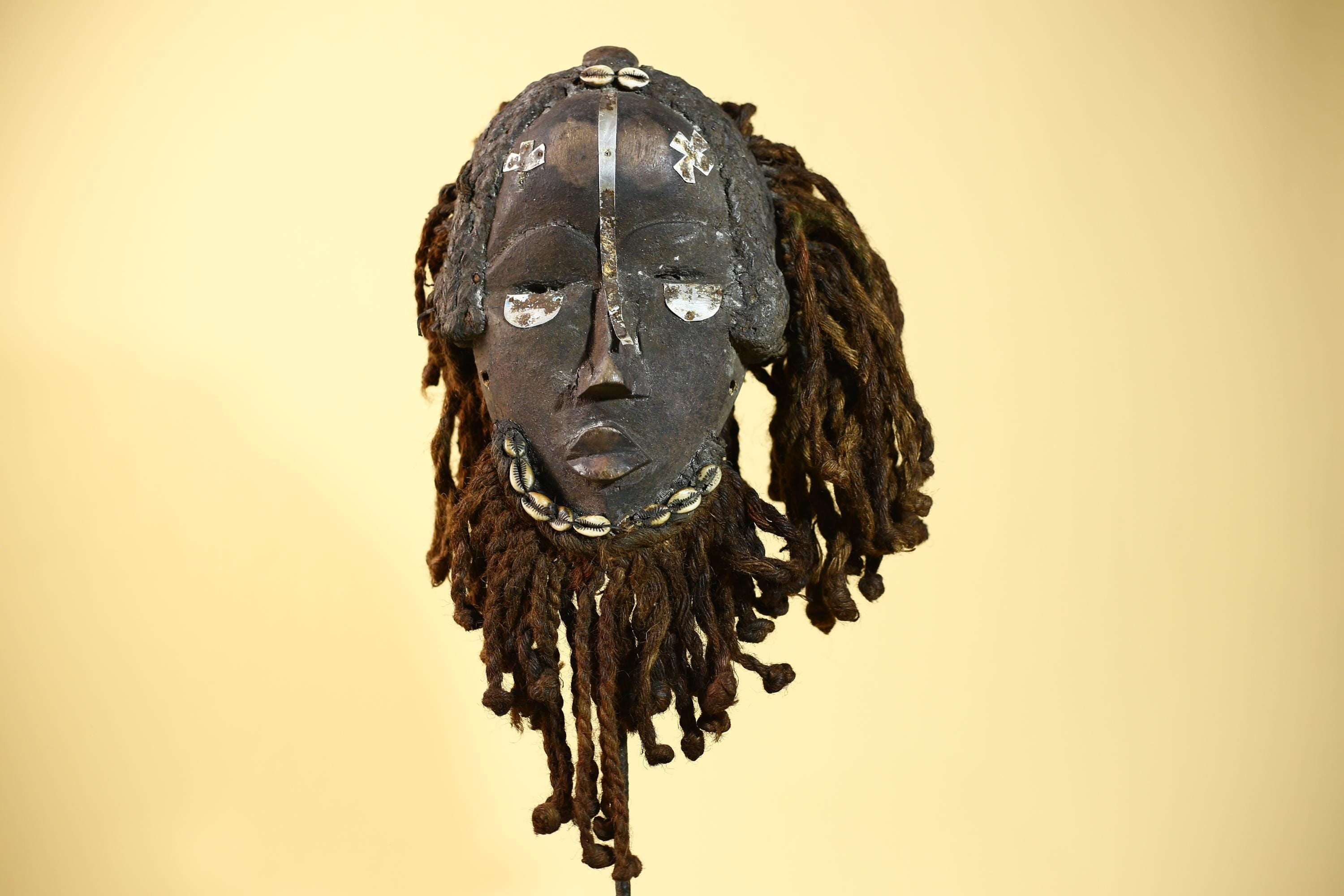Vintage Dan African Mask with Cowrie & Braided Fiber Hair–Tribal Wood Mask-G6020