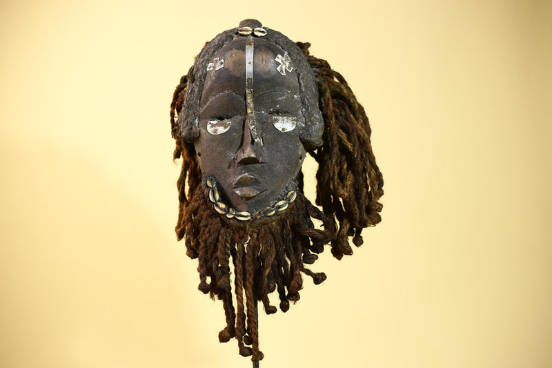 Vintage Dan African Mask with Cowrie & Braided Fiber Hair–Tribal Wood Mask-G6020