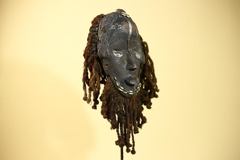 Vintage Dan African Mask with Cowrie & Braided Fiber Hair–Tribal Wood Mask-G6020