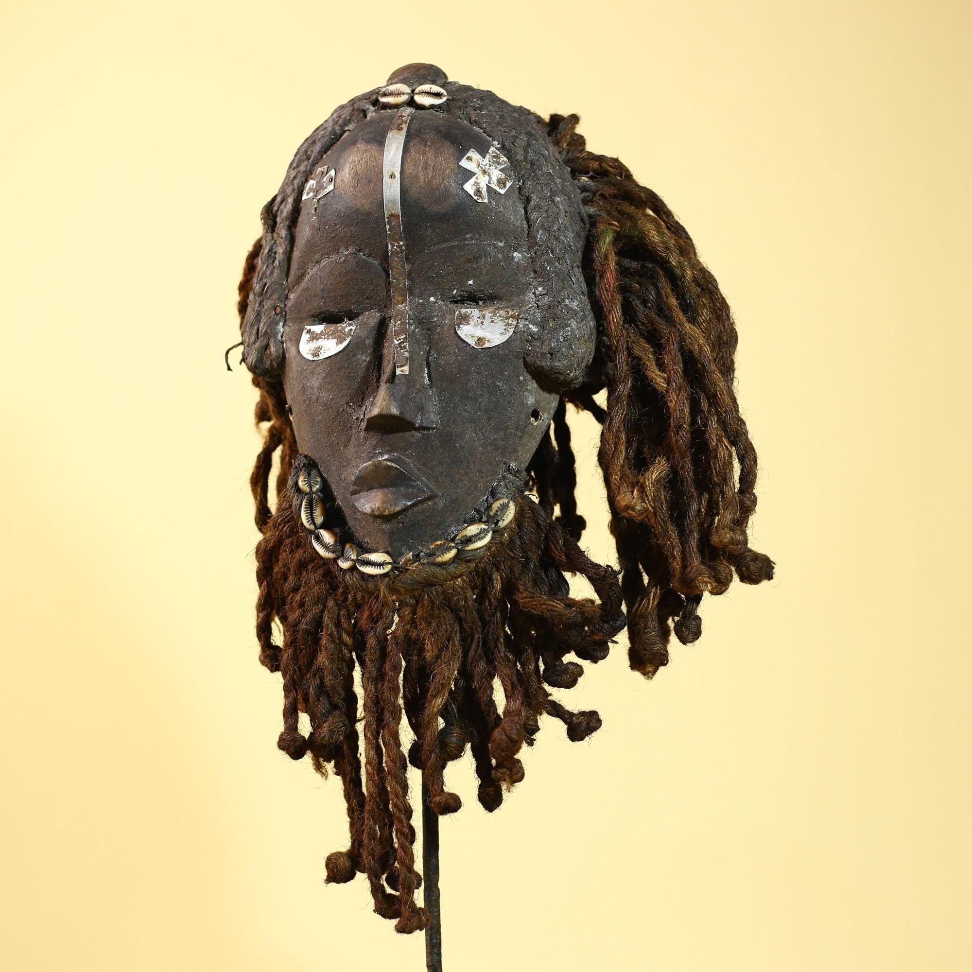 Vintage Dan African Mask with Cowrie & Braided Fiber Hair–Tribal Wood Mask-G6020