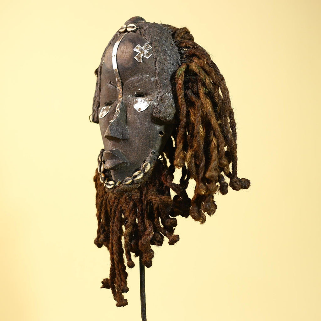 Vintage Dan African Mask with Cowrie & Braided Fiber Hair–Tribal Wood Mask-G6020