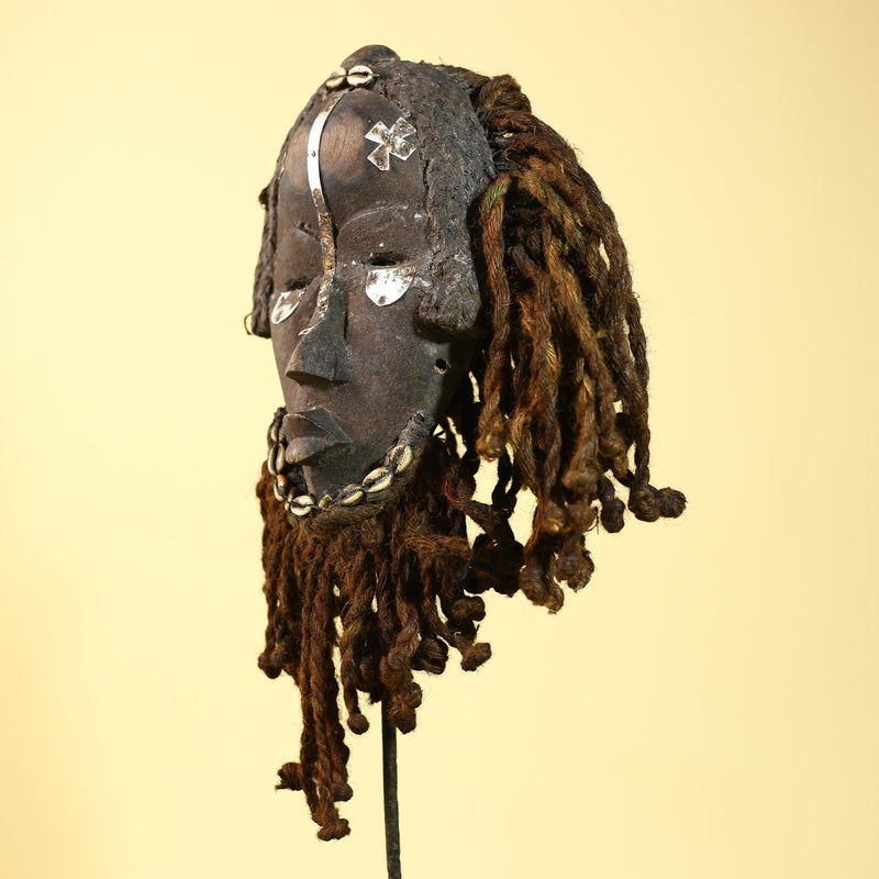 Vintage Dan African Mask with Cowrie & Braided Fiber Hair–Tribal Wood Mask-G6020
