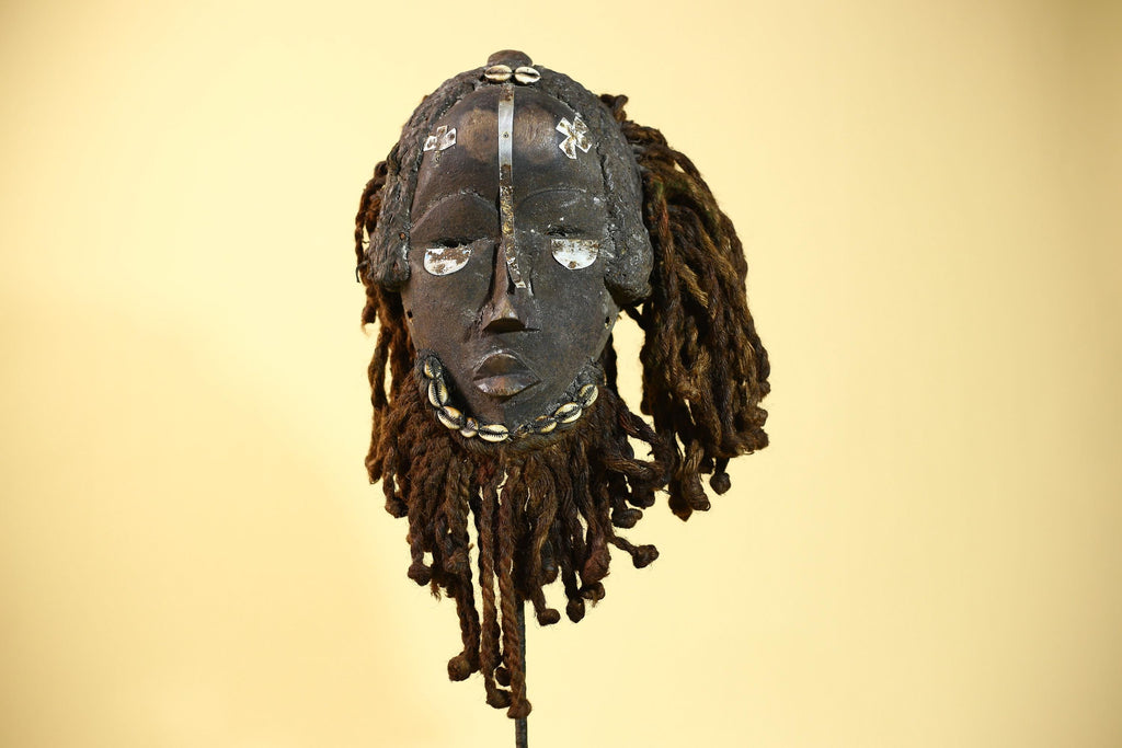 Vintage Dan African Mask with Cowrie & Braided Fiber Hair–Tribal Wood Mask-G6020
