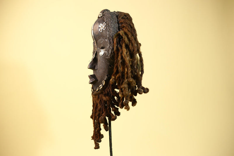 Vintage Dan African Mask with Cowrie & Braided Fiber Hair–Tribal Wood Mask-G6020