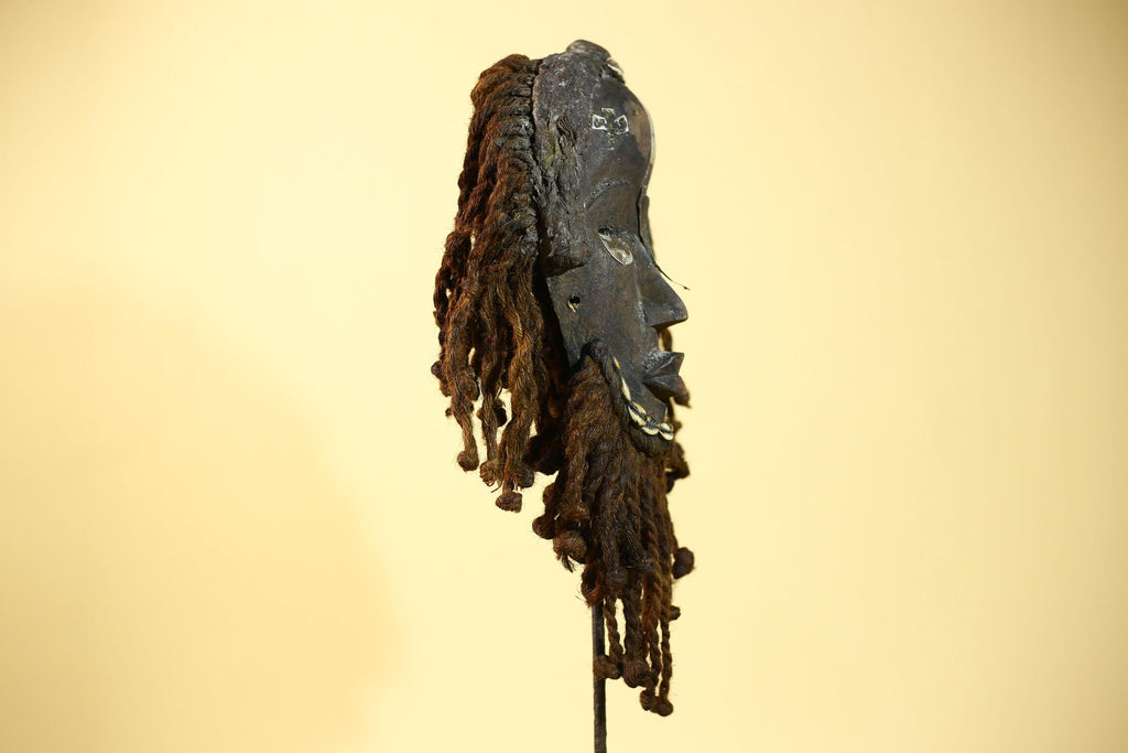 Vintage Dan African Mask with Cowrie & Braided Fiber Hair–Tribal Wood Mask-G6020