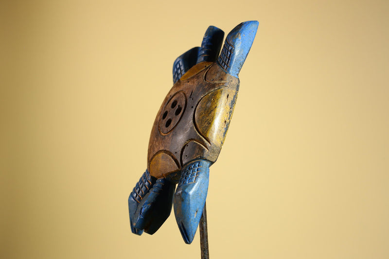African Turtle Statue Carved Wood Painted Blue Côte d’Ivoire Tribal Decor-G5927