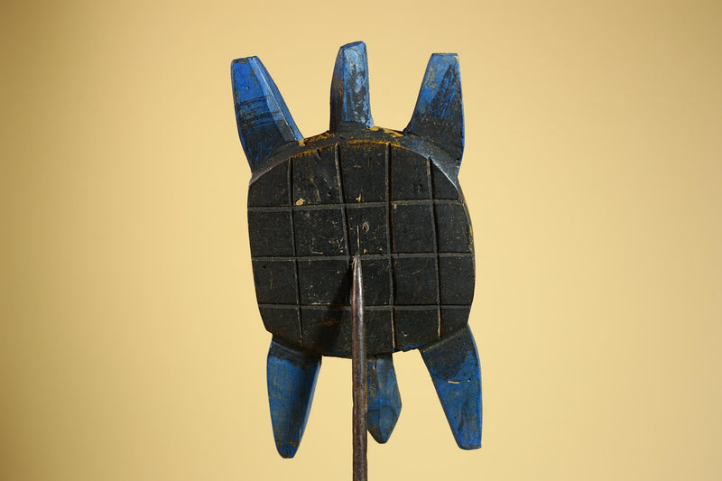 African Turtle Statue Carved Wood Painted Blue Côte d’Ivoire Tribal Decor-G5927