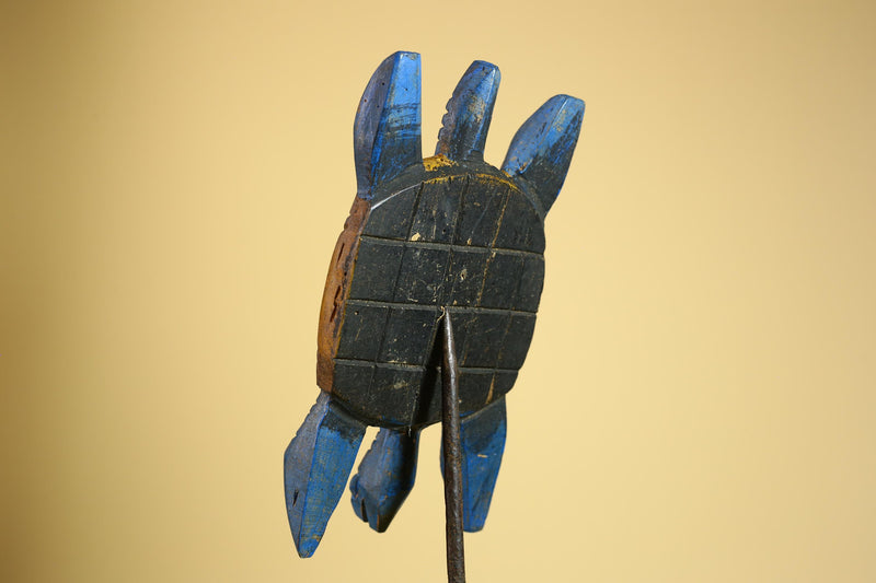 African Turtle Statue Carved Wood Painted Blue Côte d’Ivoire Tribal Decor-G5927