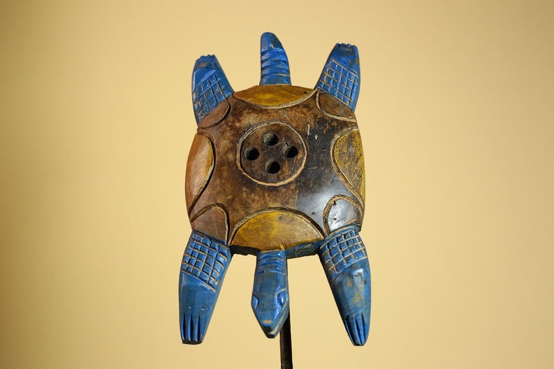 African Turtle Statue Carved Wood Painted Blue Côte d’Ivoire Tribal Decor-G5927