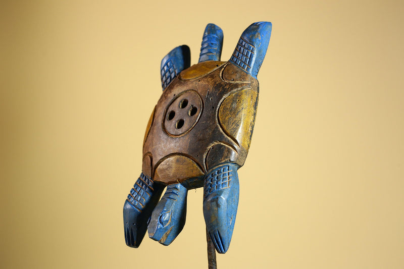 African Turtle Statue Carved Wood Painted Blue Côte d’Ivoire Tribal Decor-G5927