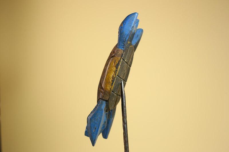 African Turtle Statue Carved Wood Painted Blue Côte d’Ivoire Tribal Decor-G5927
