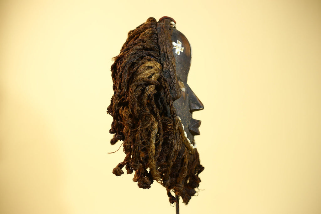 Vintage Dan Tribal Mask with Cowrie Beads & Braided Fiber – African Art-G6021