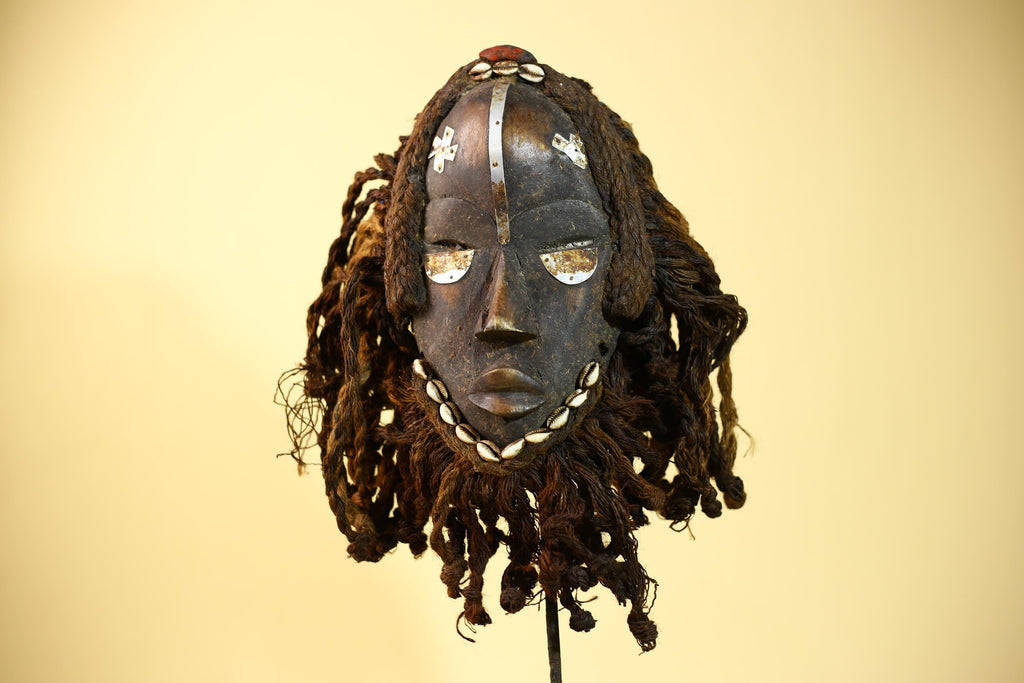 Vintage Dan Tribal Mask with Cowrie Beads & Braided Fiber – African Art-G6021