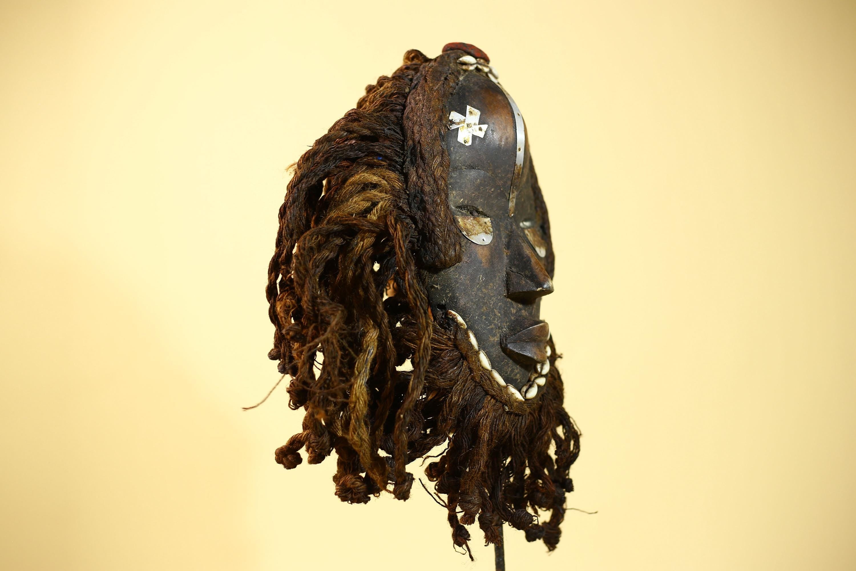 Vintage Dan Tribal Mask with Cowrie Beads & Braided Fiber – African Art-G6021