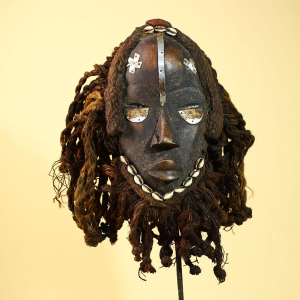 Vintage Dan Tribal Mask with Cowrie Beads & Braided Fiber – African Art-G6021