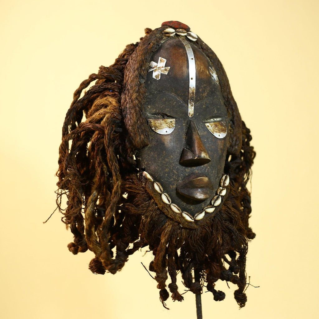 Vintage Dan Tribal Mask with Cowrie Beads & Braided Fiber – African Art-G6021