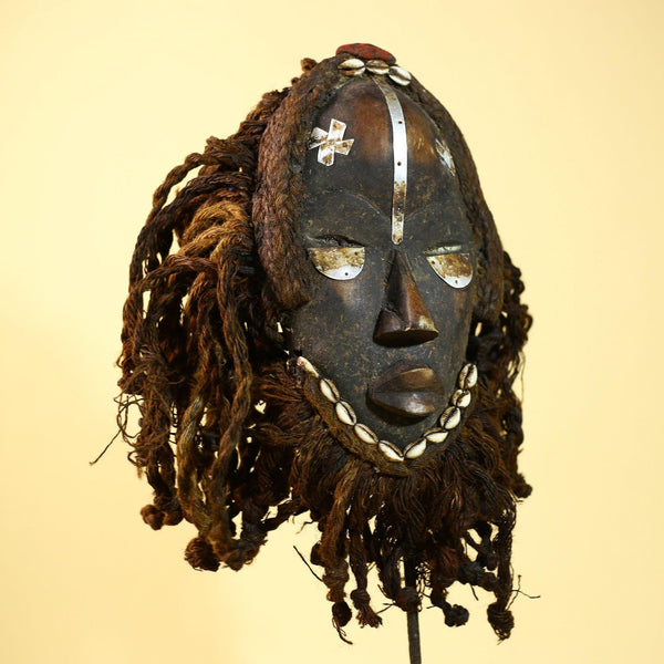 Vintage Dan Tribal Mask with Cowrie Beads & Braided Fiber – African Art-G6021