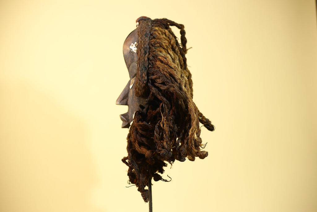 Vintage Dan Tribal Mask with Cowrie Beads & Braided Fiber – African Art-G6021