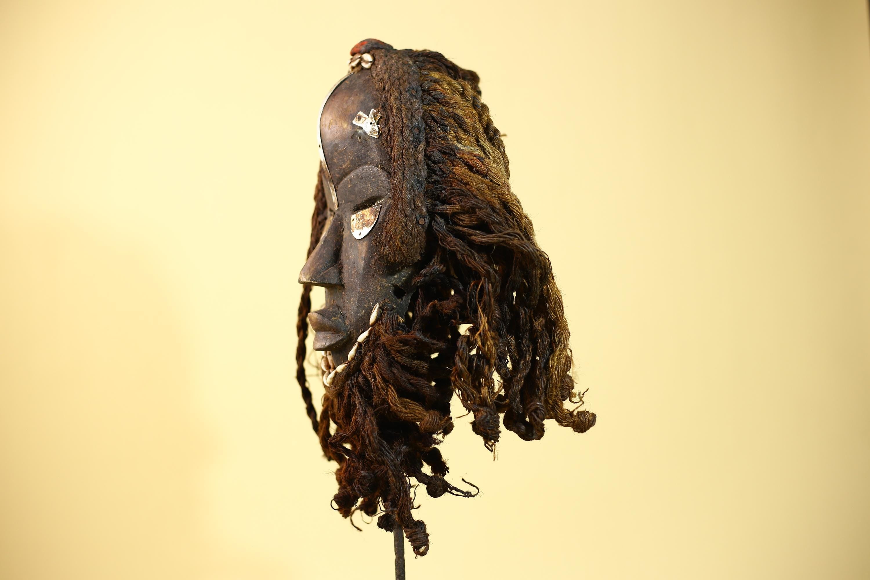 Vintage Dan Tribal Mask with Cowrie Beads & Braided Fiber – African Art-G6021