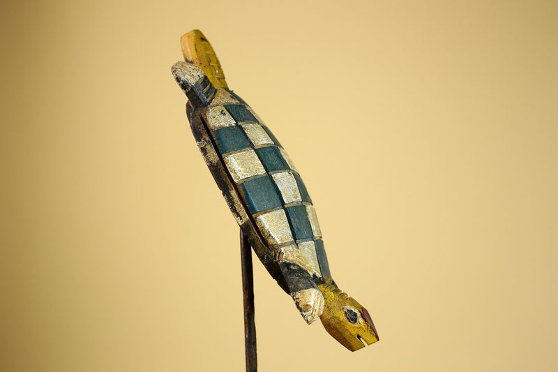 African Turtle Statue Carved Wood Checker Pattern Côte d’Ivoire Tribal Decor-G5928