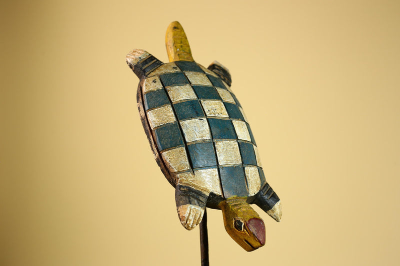 African Turtle Statue Carved Wood Checker Pattern Côte d’Ivoire Tribal Decor-G5928
