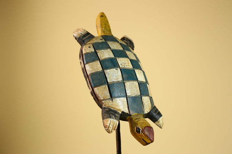 African Turtle Statue Carved Wood Checker Pattern Côte d’Ivoire Tribal Decor-G5928