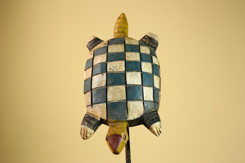 African Turtle Statue Carved Wood Checker Pattern Côte d’Ivoire Tribal Decor-G5928