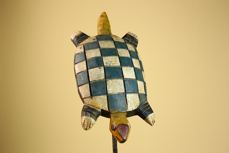 African Turtle Statue Carved Wood Checker Pattern Côte d’Ivoire Tribal Decor-G5928