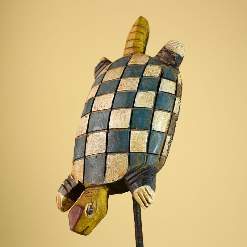 African Turtle Statue Carved Wood Checker Pattern Côte d’Ivoire Tribal Decor-G5928