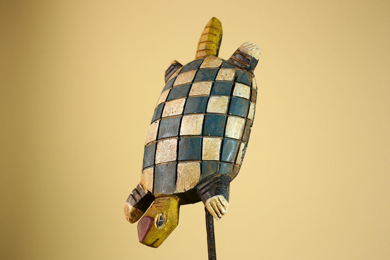 African Turtle Statue Carved Wood Checker Pattern Côte d’Ivoire Tribal Decor-G5928