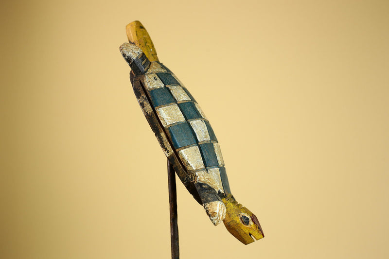 African Turtle Statue Carved Wood Checker Pattern Côte d’Ivoire Tribal Decor-G5928