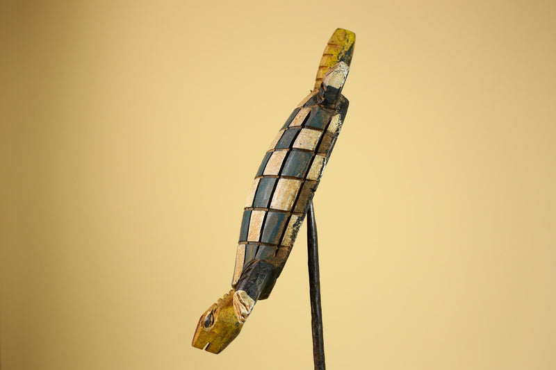 African Turtle Statue Carved Wood Checker Pattern Côte d’Ivoire Tribal Decor-G5928