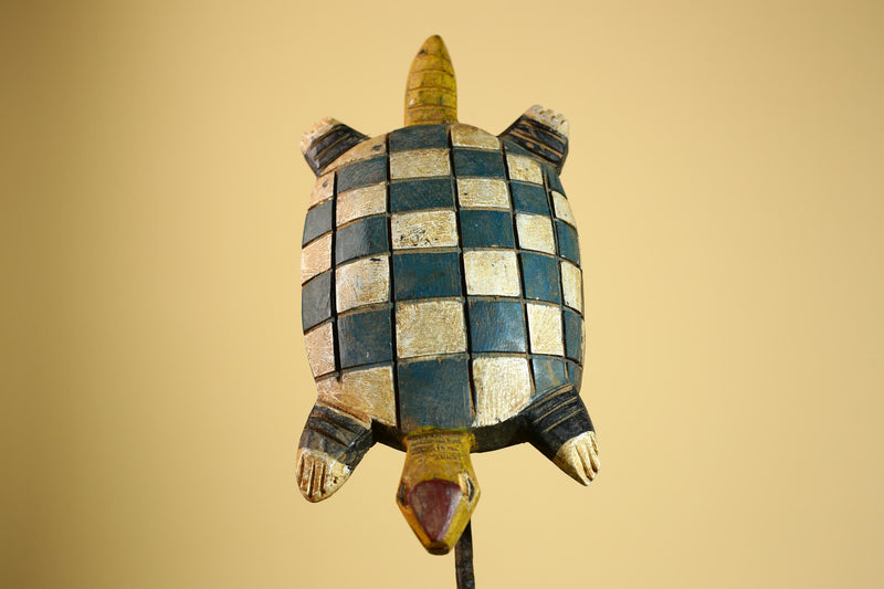 African Turtle Statue Carved Wood Checker Pattern Côte d’Ivoire Tribal Decor-G5928