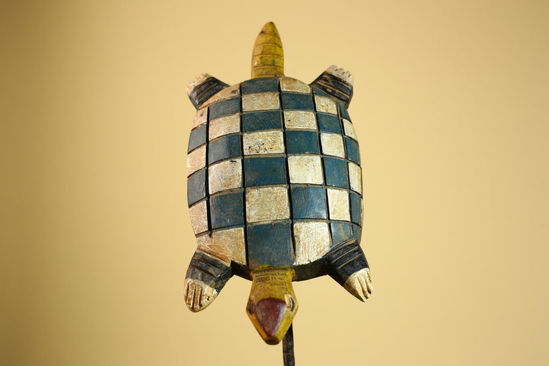 African Turtle Statue Carved Wood Checker Pattern Côte d’Ivoire Tribal Decor-G5928