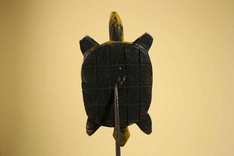 African Turtle Statue Carved Wood Checker Pattern Côte d’Ivoire Tribal Decor-G5928