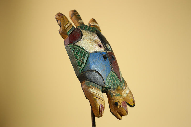 African Turtle Statue Carved Wood Colorful Design Côte d’Ivoire Tribal Art-G5929