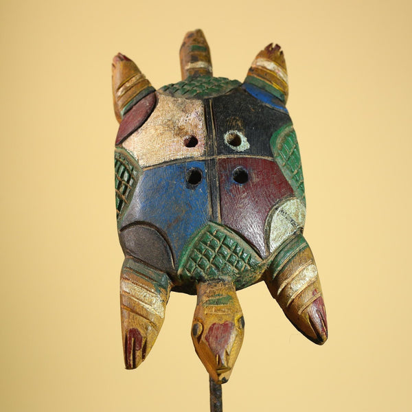 African Turtle Statue Carved Wood Colorful Design Côte d’Ivoire Tribal Art-G5929