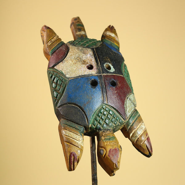 African Turtle Statue Carved Wood Colorful Design Côte d’Ivoire Tribal Art-G5929