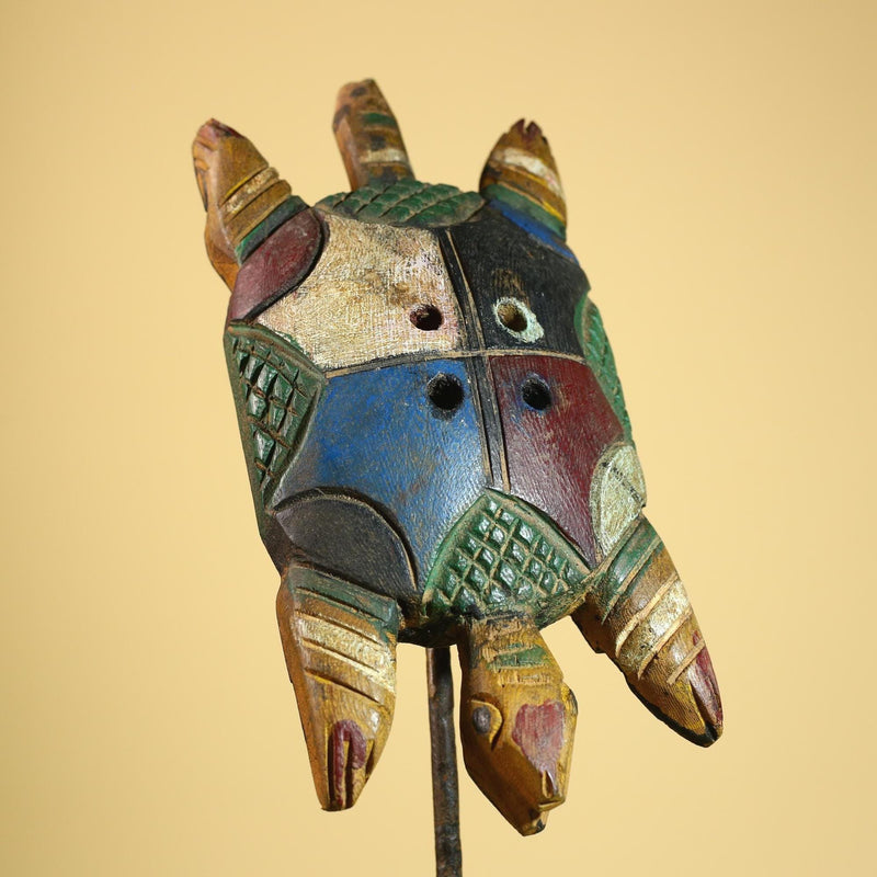 African Turtle Statue Carved Wood Colorful Design Côte d’Ivoire Tribal Art-G5929