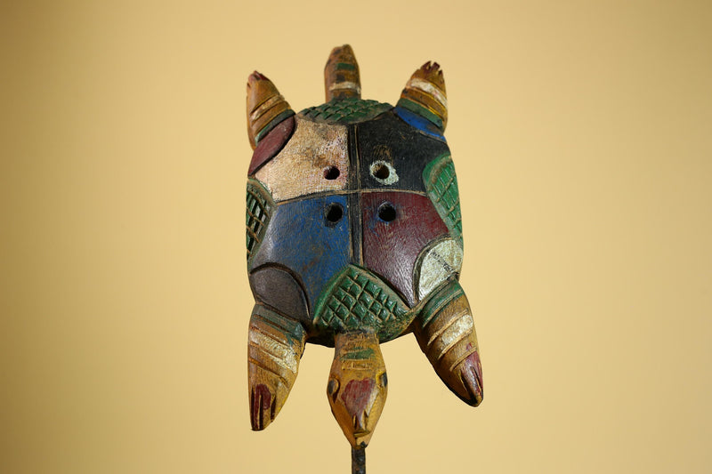 African Turtle Statue Carved Wood Colorful Design Côte d’Ivoire Tribal Art-G5929