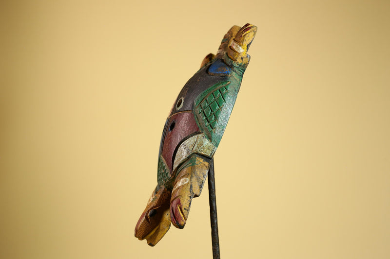 African Turtle Statue Carved Wood Colorful Design Côte d’Ivoire Tribal Art-G5929