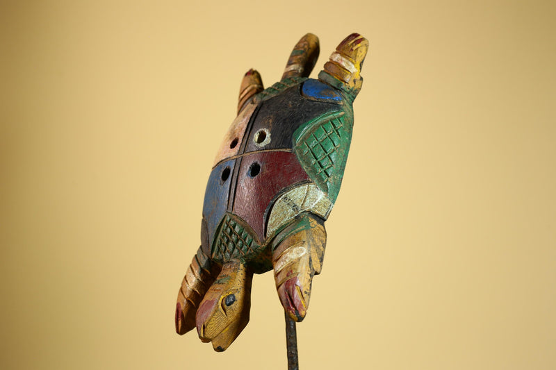 African Turtle Statue Carved Wood Colorful Design Côte d’Ivoire Tribal Art-G5929