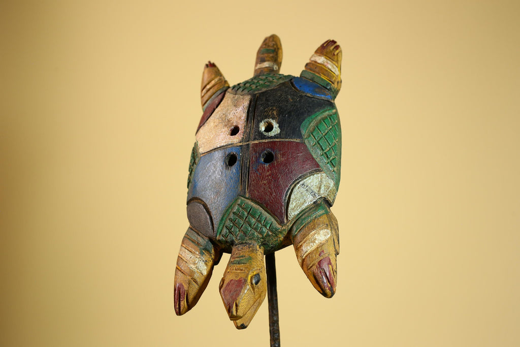 African Turtle Statue Carved Wood Colorful Design Côte d’Ivoire Tribal Art-G5929