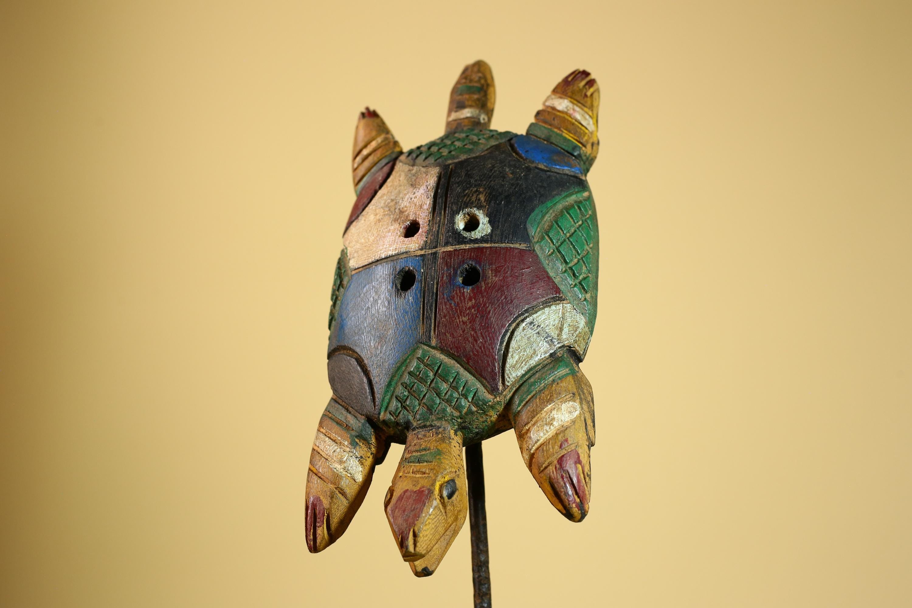 African Turtle Statue Carved Wood Colorful Design Côte d’Ivoire Tribal Art-G5929