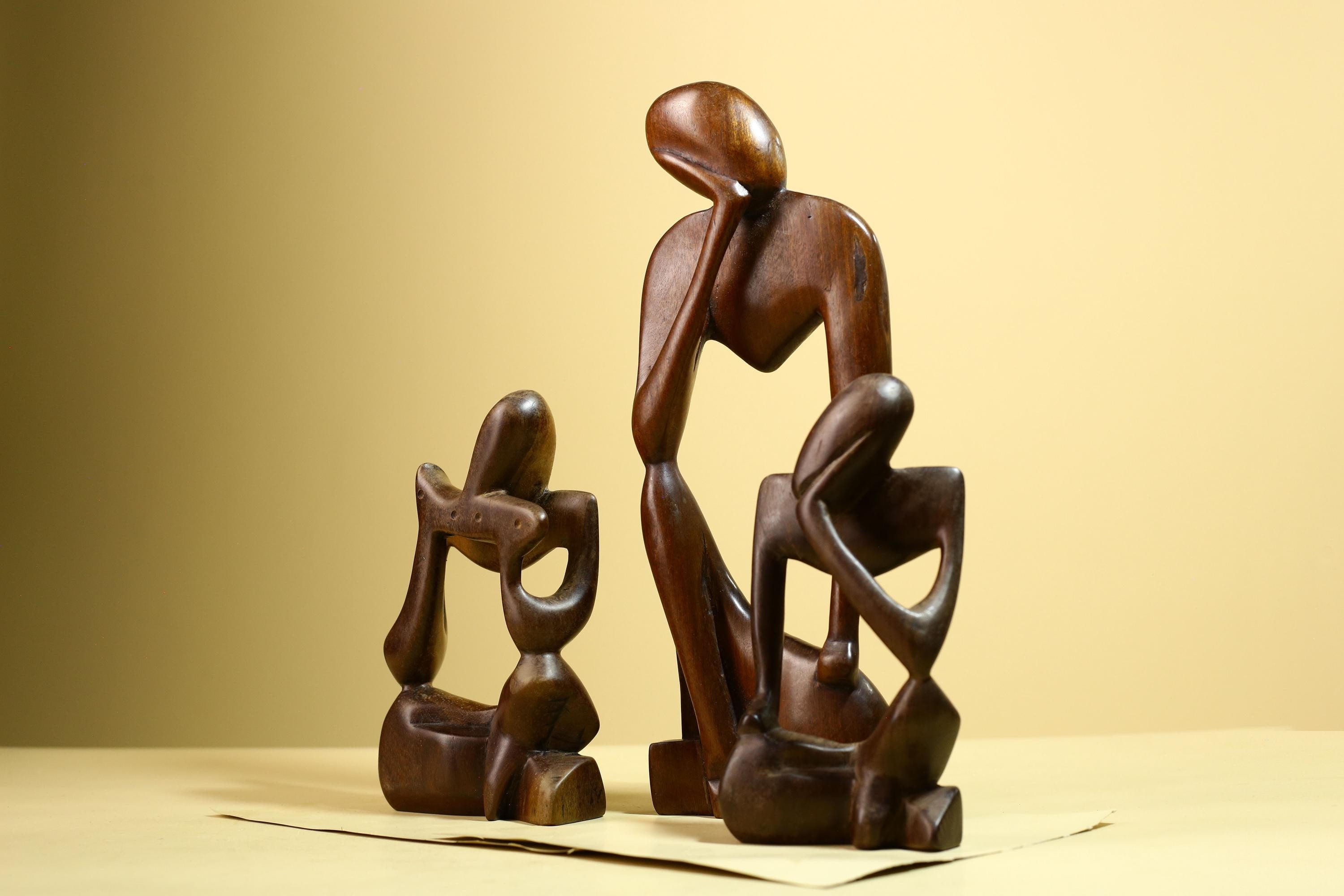 African Abstract Statue Carved Wood Trio Modern Art Decor-G5930