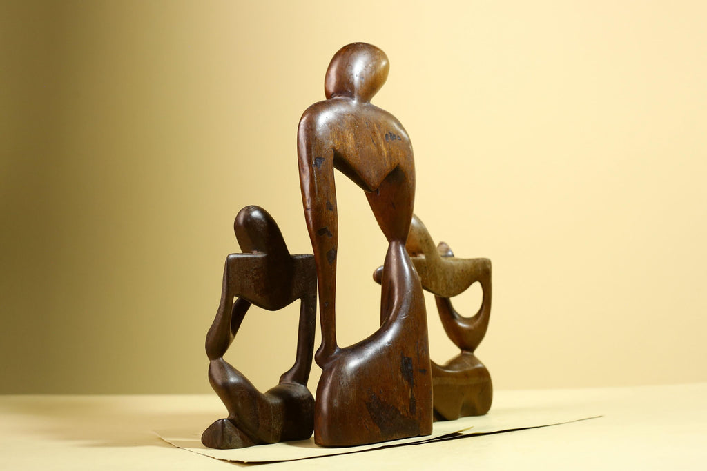 African Abstract Statue Carved Wood Trio Modern Art Decor-G5930
