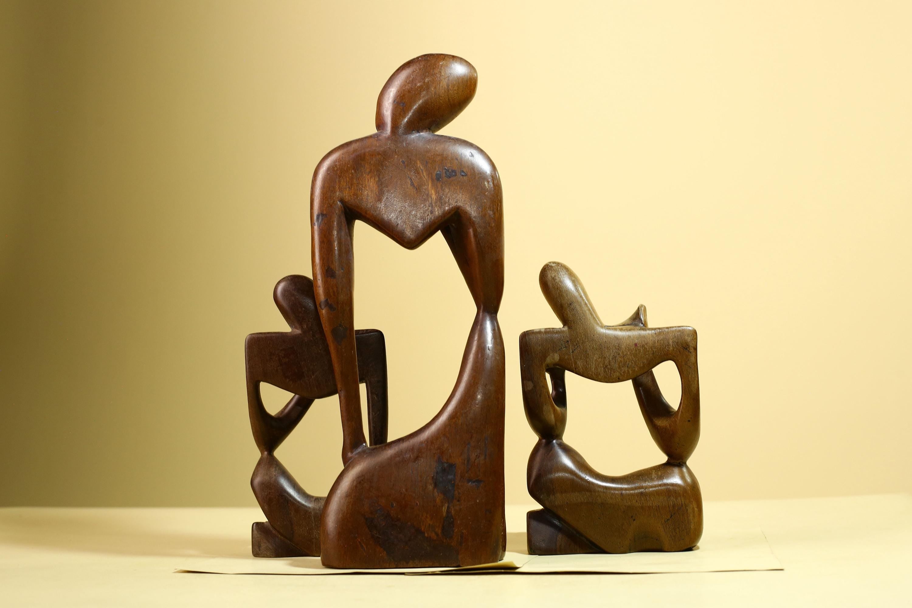 African Abstract Statue Carved Wood Trio Modern Art Decor-G5930